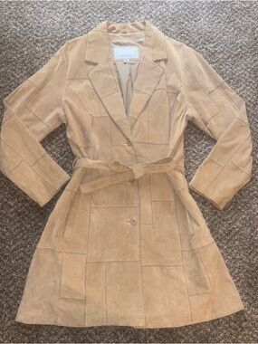 Wilsons Leather Beige Suede Patchwork Trench Coat